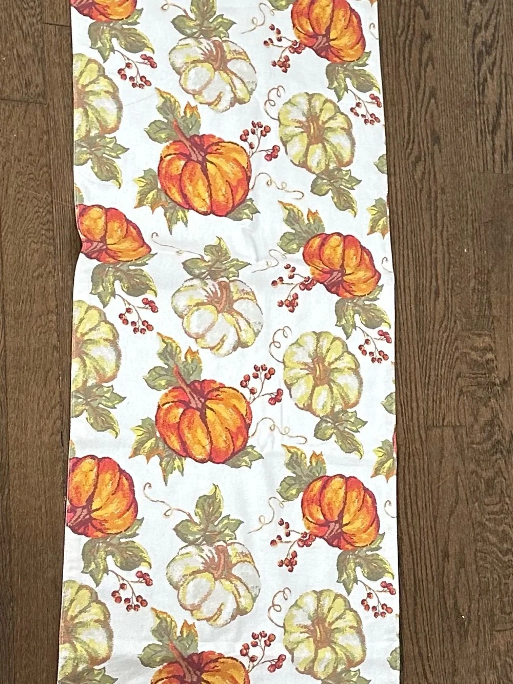 Harvest Pumpkin Print Table Runner - White, Orange & Green